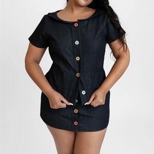 Dark Wash Denim Button-Front Short Sleeve Blouse